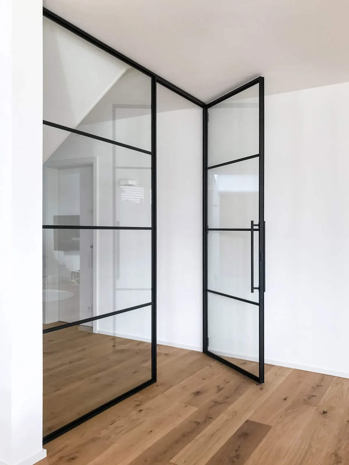 Schwarze Drehtür mit horizontal gegliederten Glasfeldern.