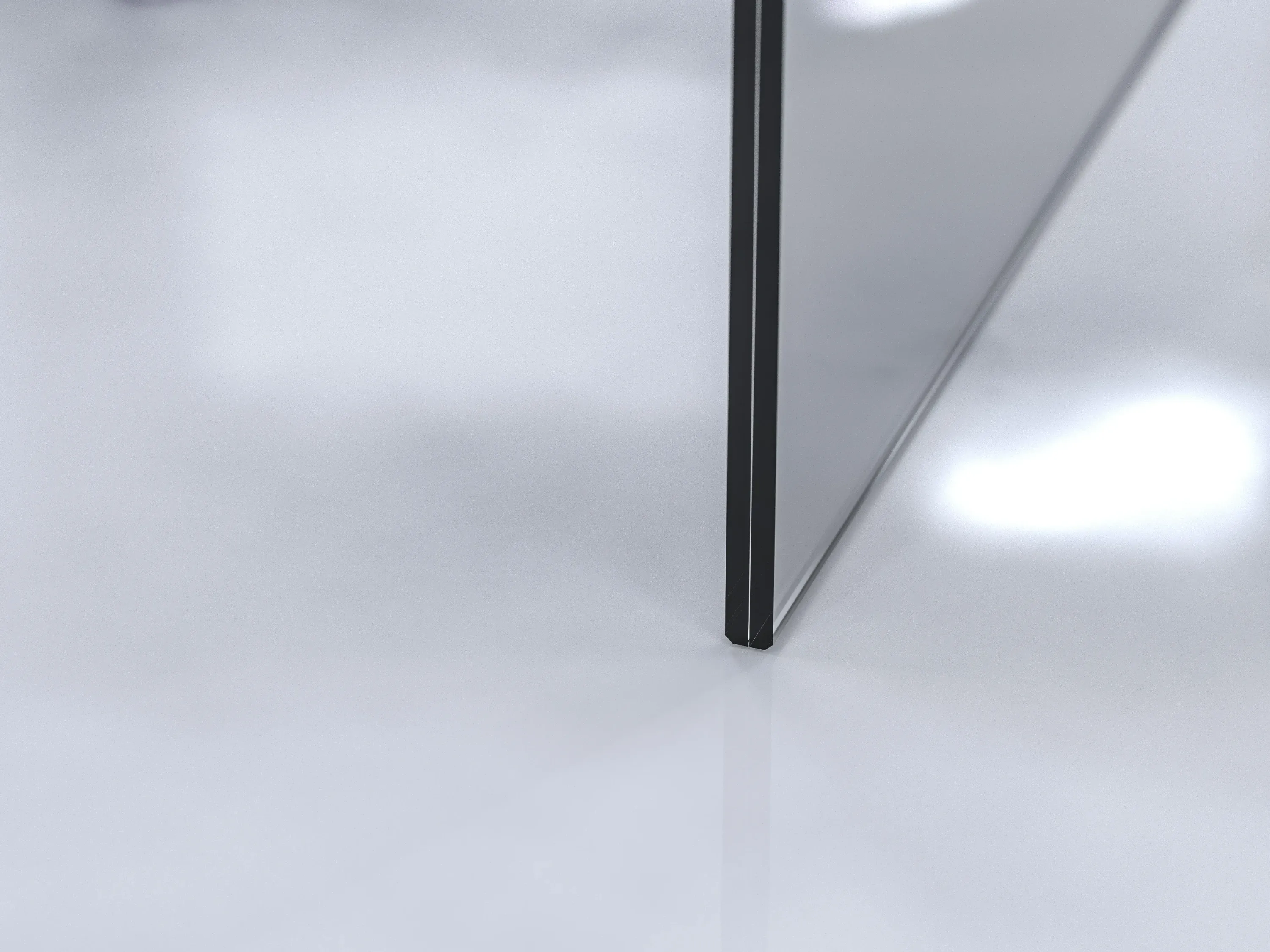 Detail eines Glasflügels mit schwarzem Aluminiumprofil.