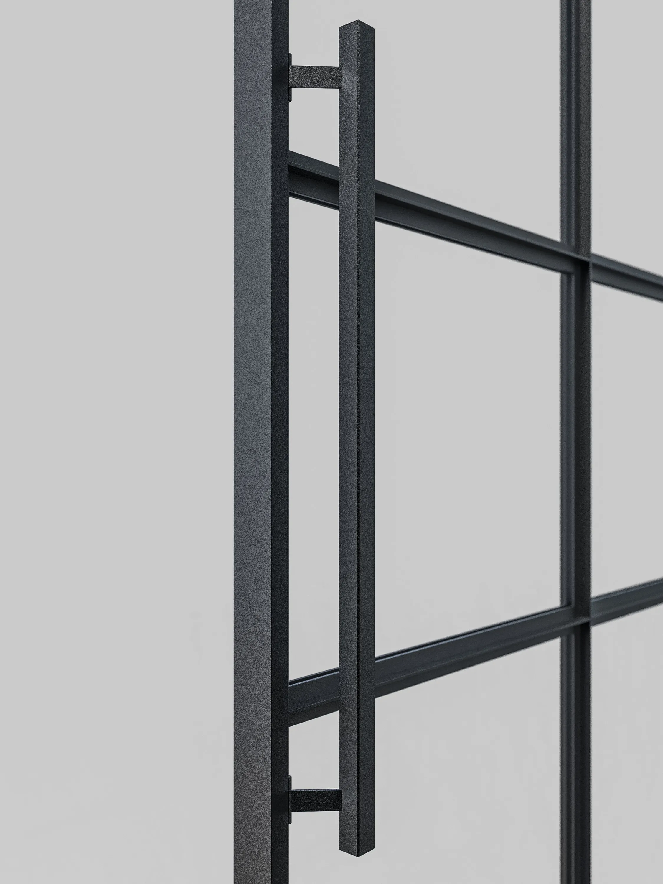 Schwarzer eckiger Stoßgriff aus Aluminium, 60 cm Länge, vertikal montiert an einer Lofttür.