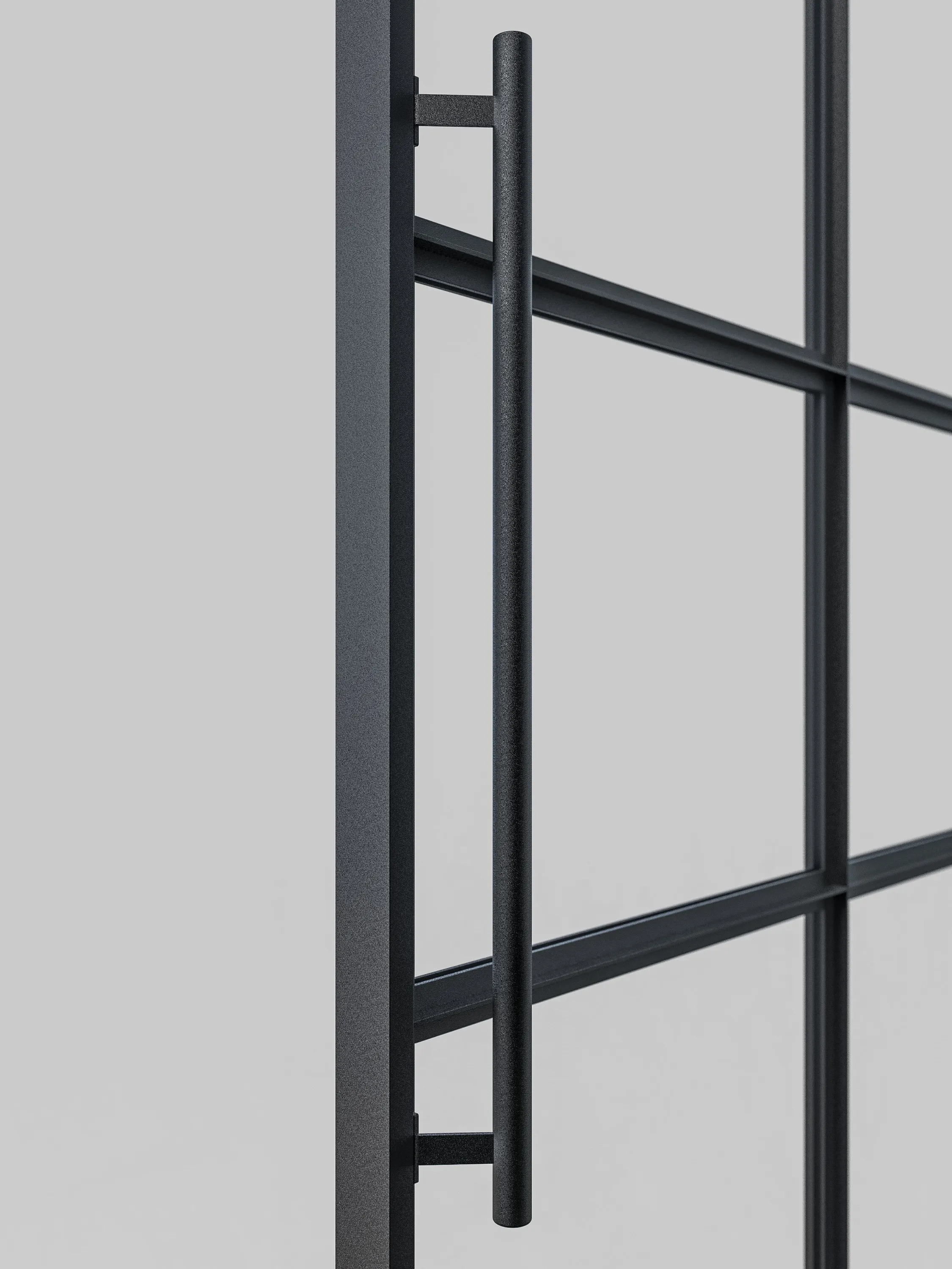 Schwarzer runder Stoßgriff aus Aluminium, 60 cm Länge, vertikal montiert an einer Lofttür.