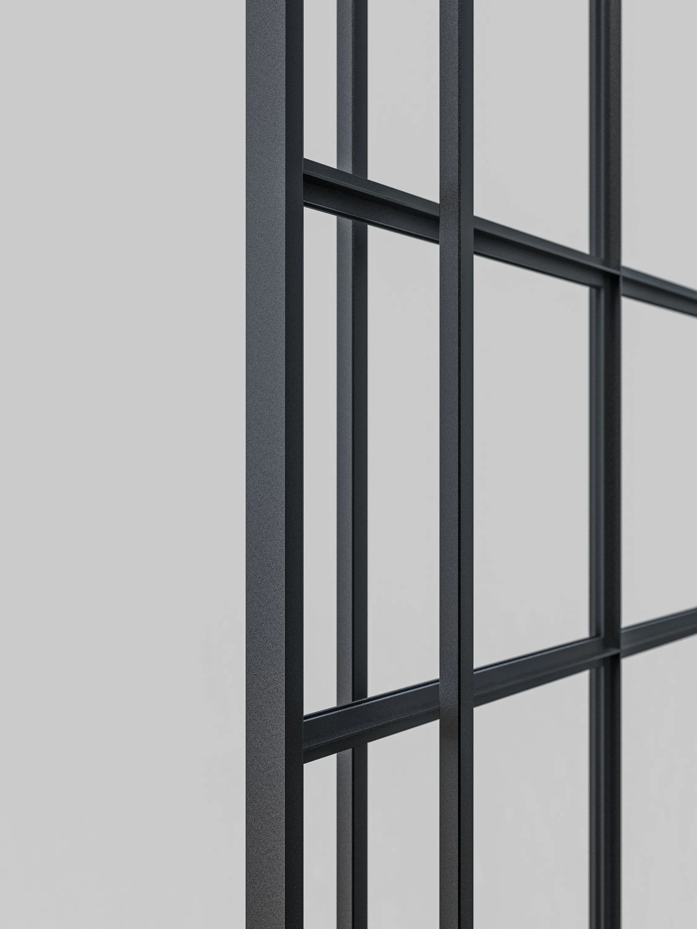 Flügelhoher Stoßgriff aus schwarzem Aluminium, vom unteren bis zum oberen Türrand reichend, an einer raumhohen Lofttür.