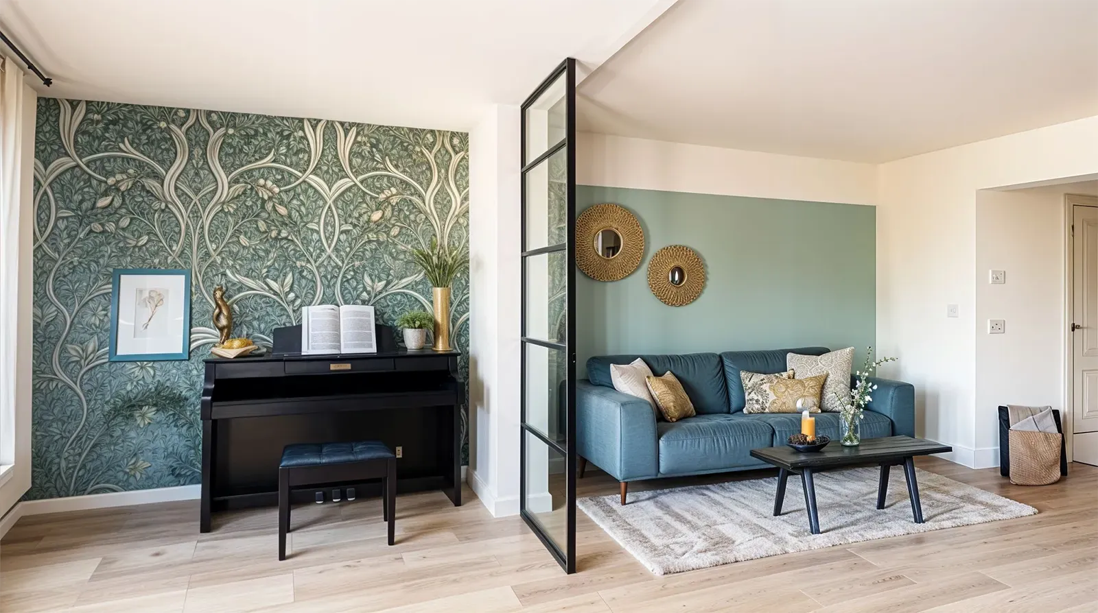 Fester Loft-Raumteiler aus Aluminium mit Sprossen-Design und Glas, eingesetzt als Festelement im Wohnzimmer. Der Raumteiler trennt zwei Wohnbereiche und schafft industriellen Loft-Charme bei voller Lichtdurchlässigkeit.