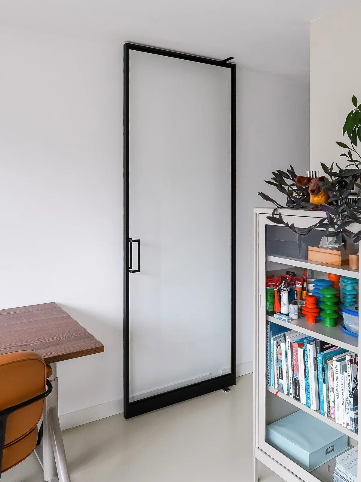 Geöffnete schwarze Pivottür mit durchgehender Glasfläche ohne Sprossen.