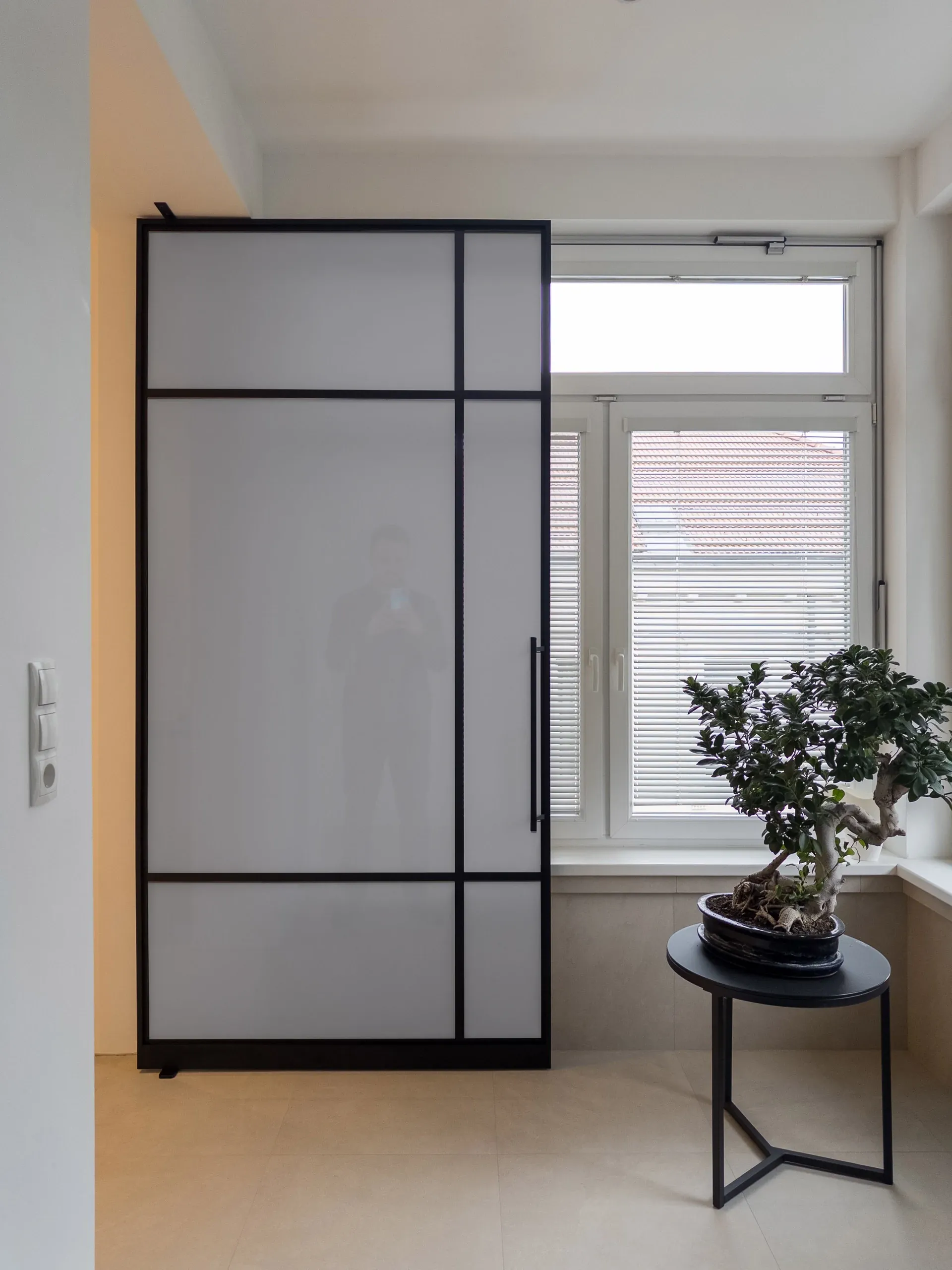 Dieselbe schwarze Pivottür mit grauem Mattglas — blickhemmend in dezenter, kühler Tönung.
