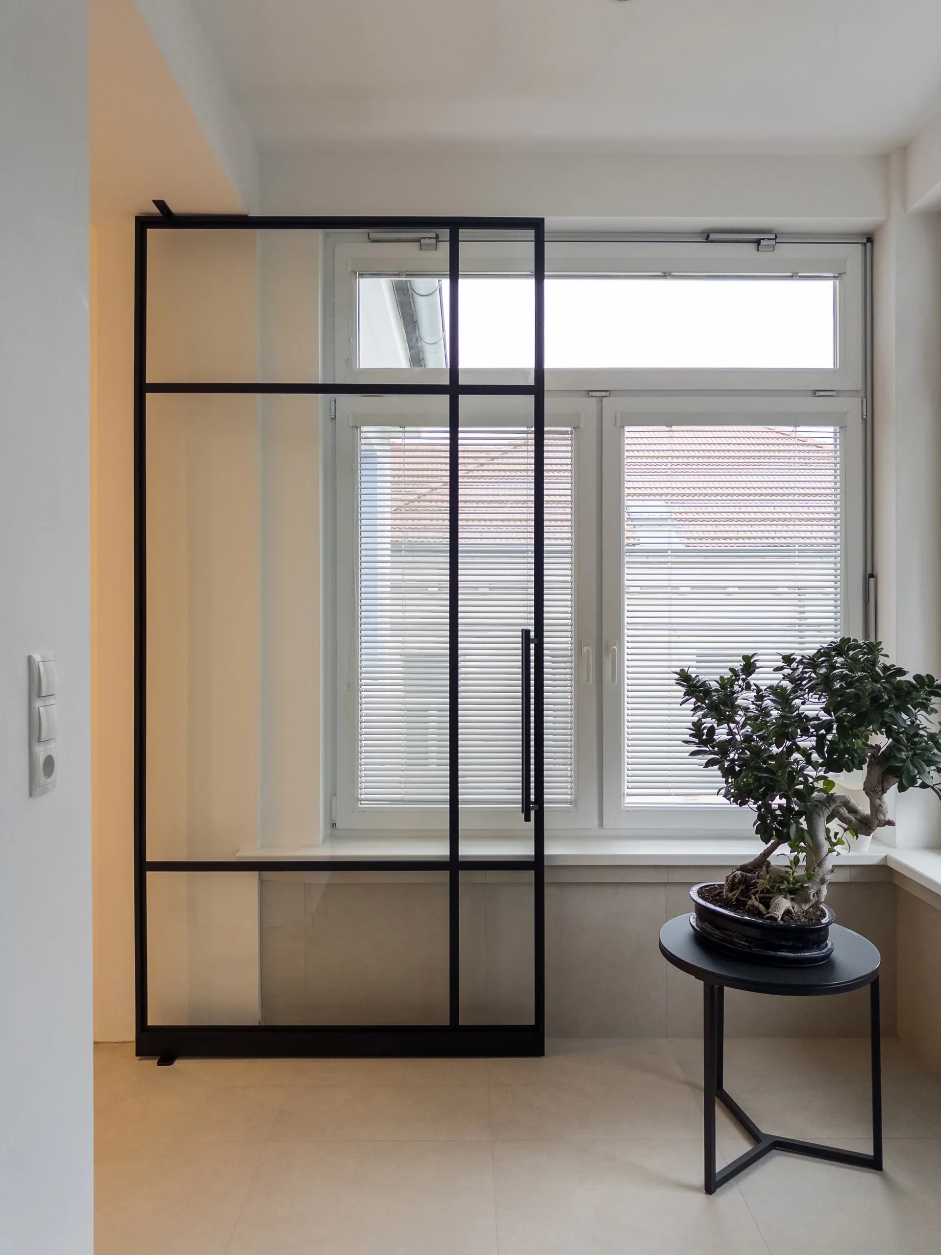 Schwarze Pivottür mit Sprossen vor einer Fensterfront, verglast mit Klarglas — Fenster und Raum dahinter bleiben vollständig sichtbar.