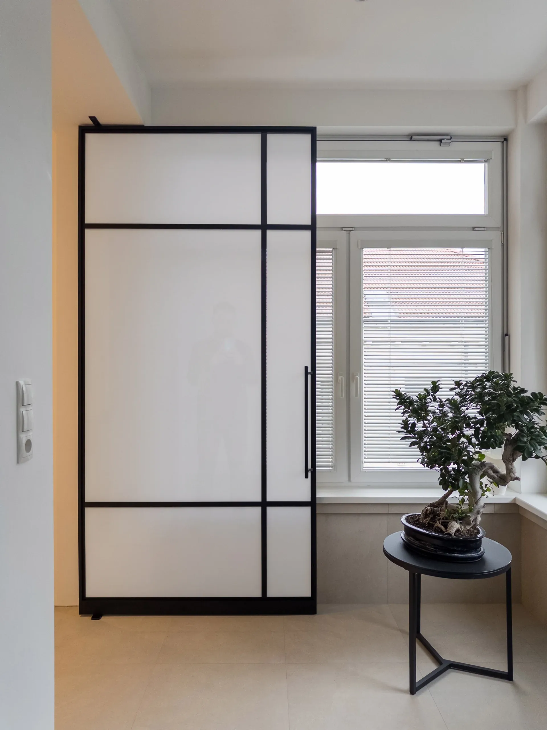 Dieselbe schwarze Pivottür mit Mattglas — blickhemmend mit weicher, heller Lichtwirkung.